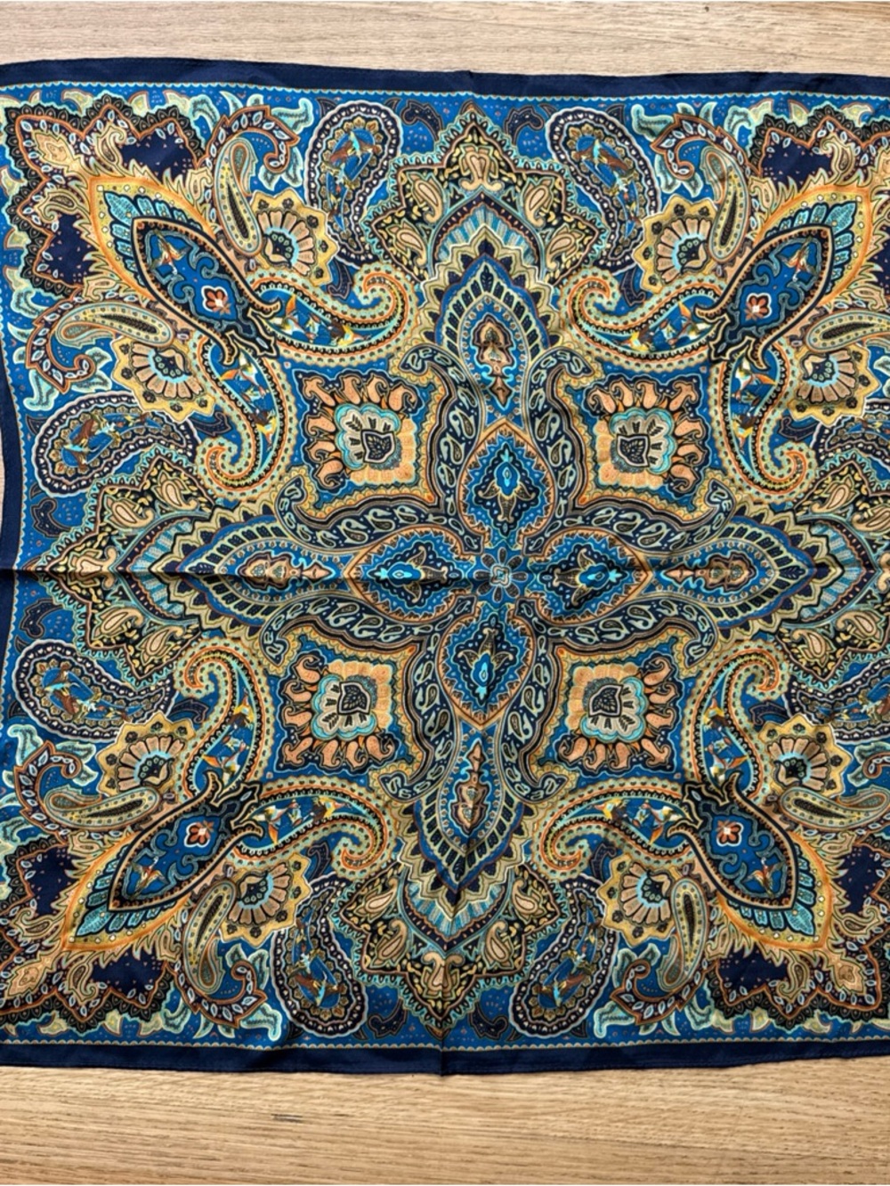 Vintage 100 percent silk Blue and Gold Paisley Square Scarf